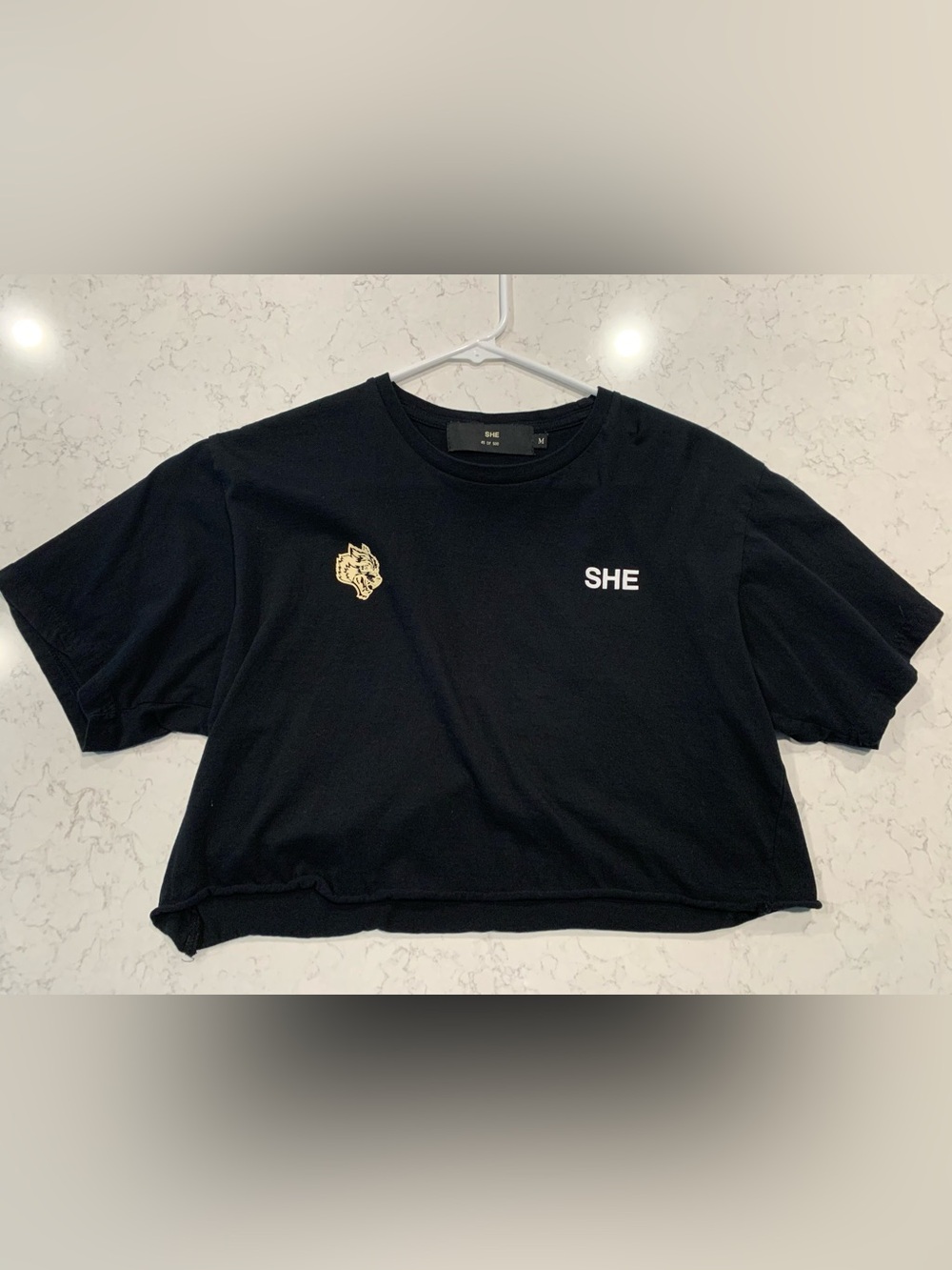 Darcsport SHE Black Cropped Tee with Gold Tiger Patch - medium